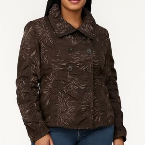 Insight Double Breasted Ruched Floral Print Jacket Sz 10 Brown Gray Lightweight